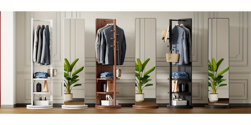 Full Length Mirror with Coat Rack & Storage, 360° Rotating Solid Wood Standing Floor Mirror with Shelves for Bedroom, Entryway, Dressing Room