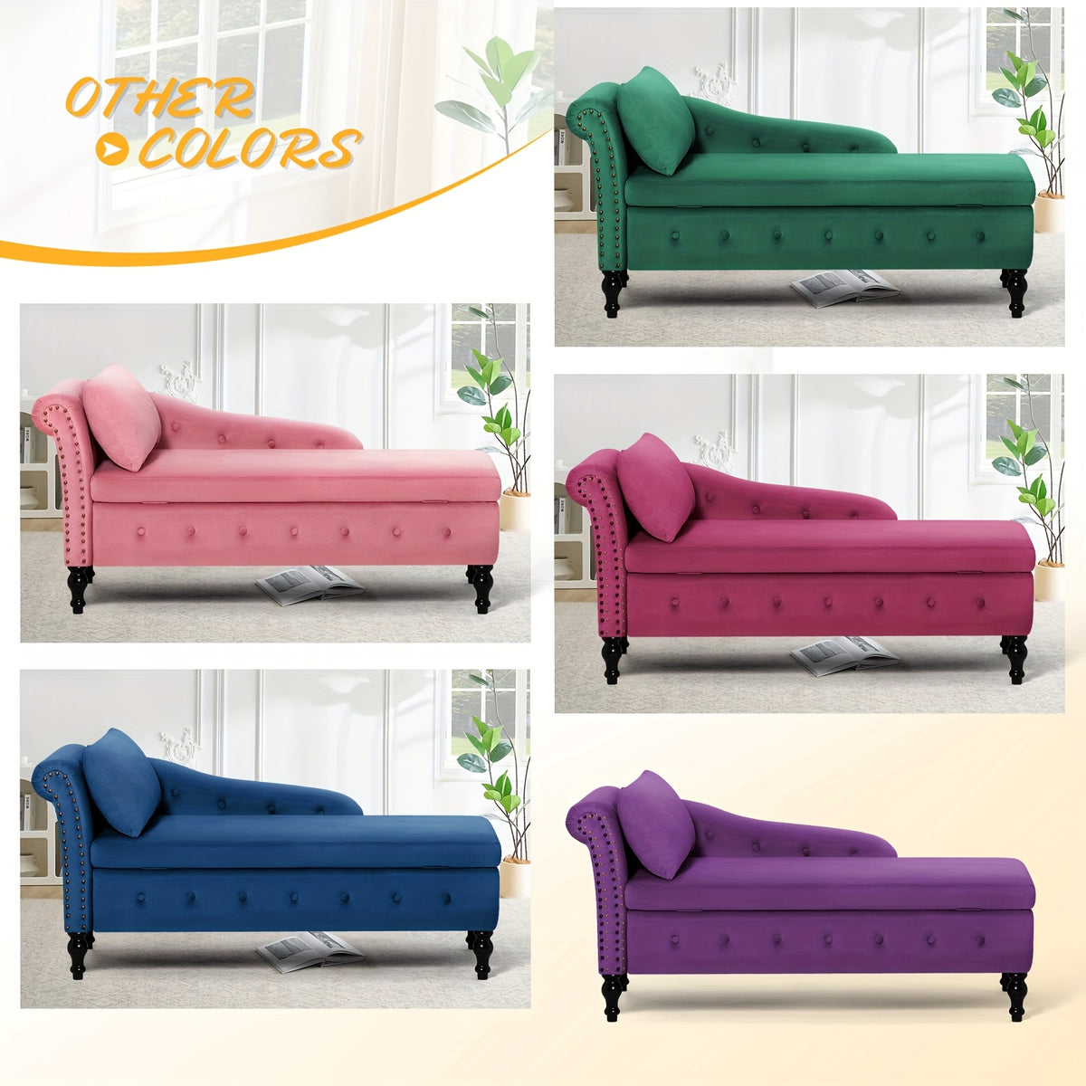 ACMEASE Classic Nailhead Trim Velvet Storage Chaise Lounge 57", Upholstered Chaise Sofa With Pillow & Turned Wood Legs For Living Room Decor