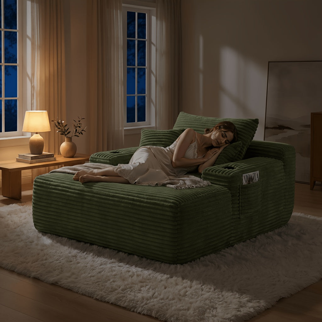 Extra-Large Boneless Sofa Chaise Lounge, with Cup Holder And Side Pockets, Living Room Sofa Chair Bed, Compressible High-Rebound Foldable Recliner, Supportive Pocket Spring System And High-Density Foam Padding, Non-Sinking Convertible Lounge Bed
