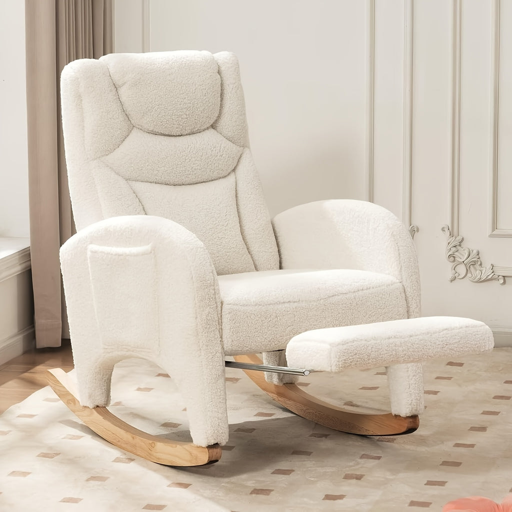 Rocking Chair Nursery, Modern Glider Chair with Adjustable Footrest And Solid Wood Legs, High Backrest Nursery Chair with Side Pocket, Rocker Armchair for Living Room Bedroom