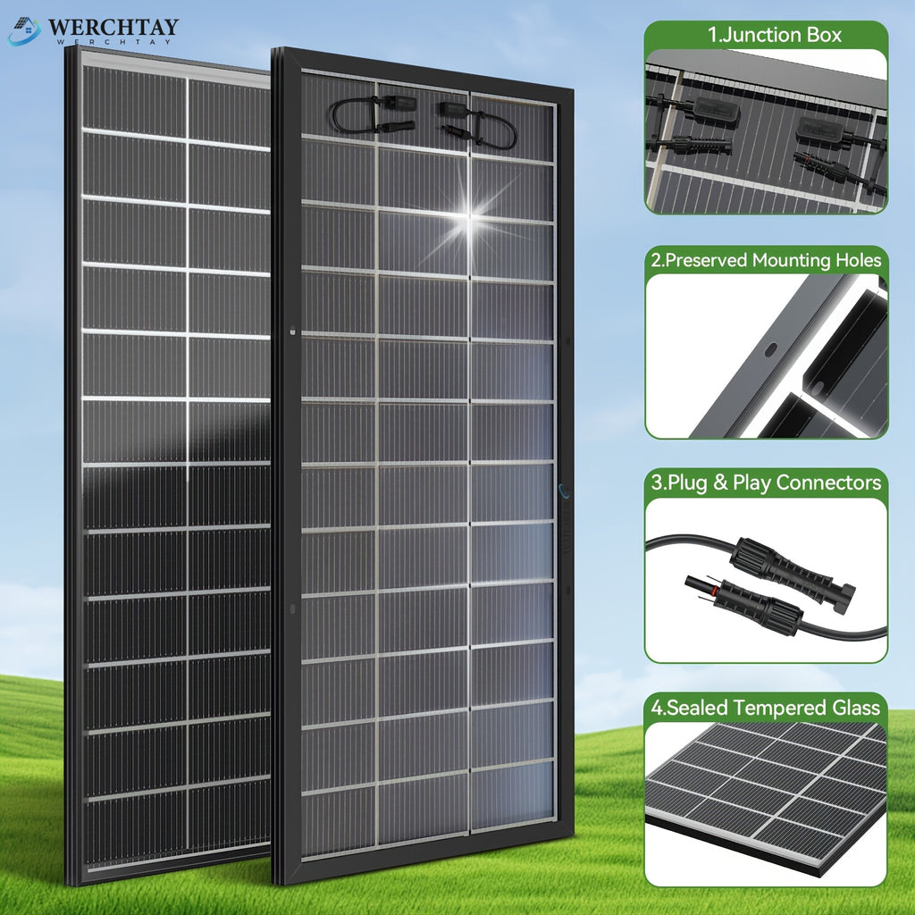 Werchtay Bifacial Monocrystalline Solar Panel, 24% High Efficiency 2pcs 200W Bifacial Solar Panel System, Advanced Half-cut Process Technology Cells, Suitable For Home Farm RV Trailer Camping Boat Yacht Off-grid System, Without Battery