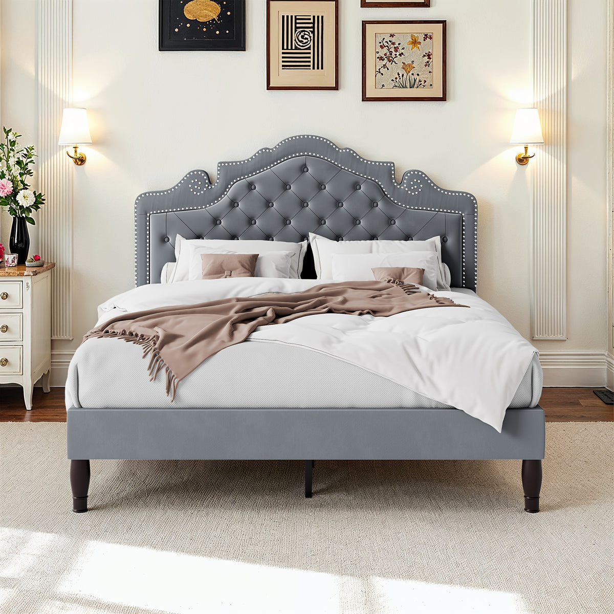 WEEWAY Full/Queen/King Bed Frame with Velvet Adjustable Tiara Curved Headboard And High Resilience, Upholstered Diamond Button Tufted Platform Bed with Wood Slats/No Box Spring Needed/Noise Free/Black/Dark Grey