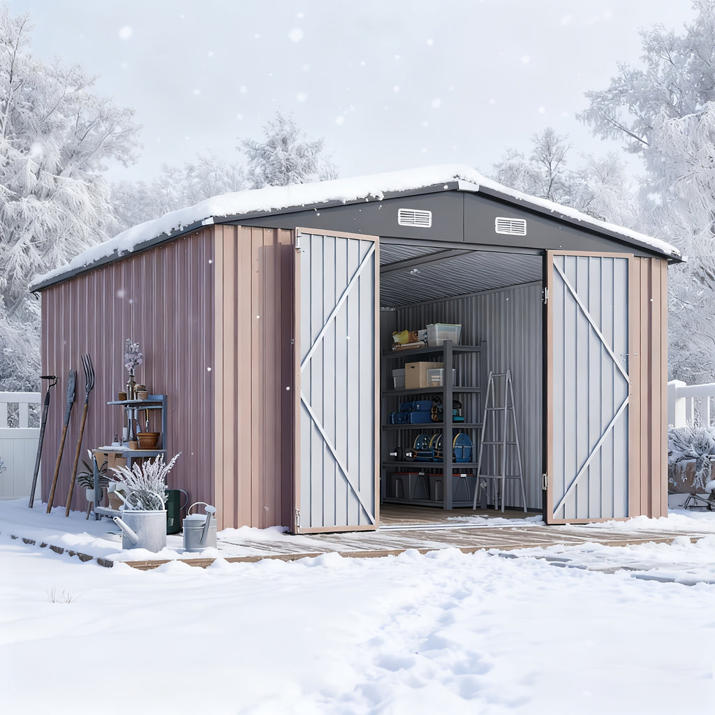 20'x12'/14'x12'/10'x8' Outdoor Metal Storage Sheds - Large Garden Tool Metal Shed, Carport Shed with Lockable Door & Galvanized Steel Construction for Garden, Backyard, Patio, Lawn( Brown)