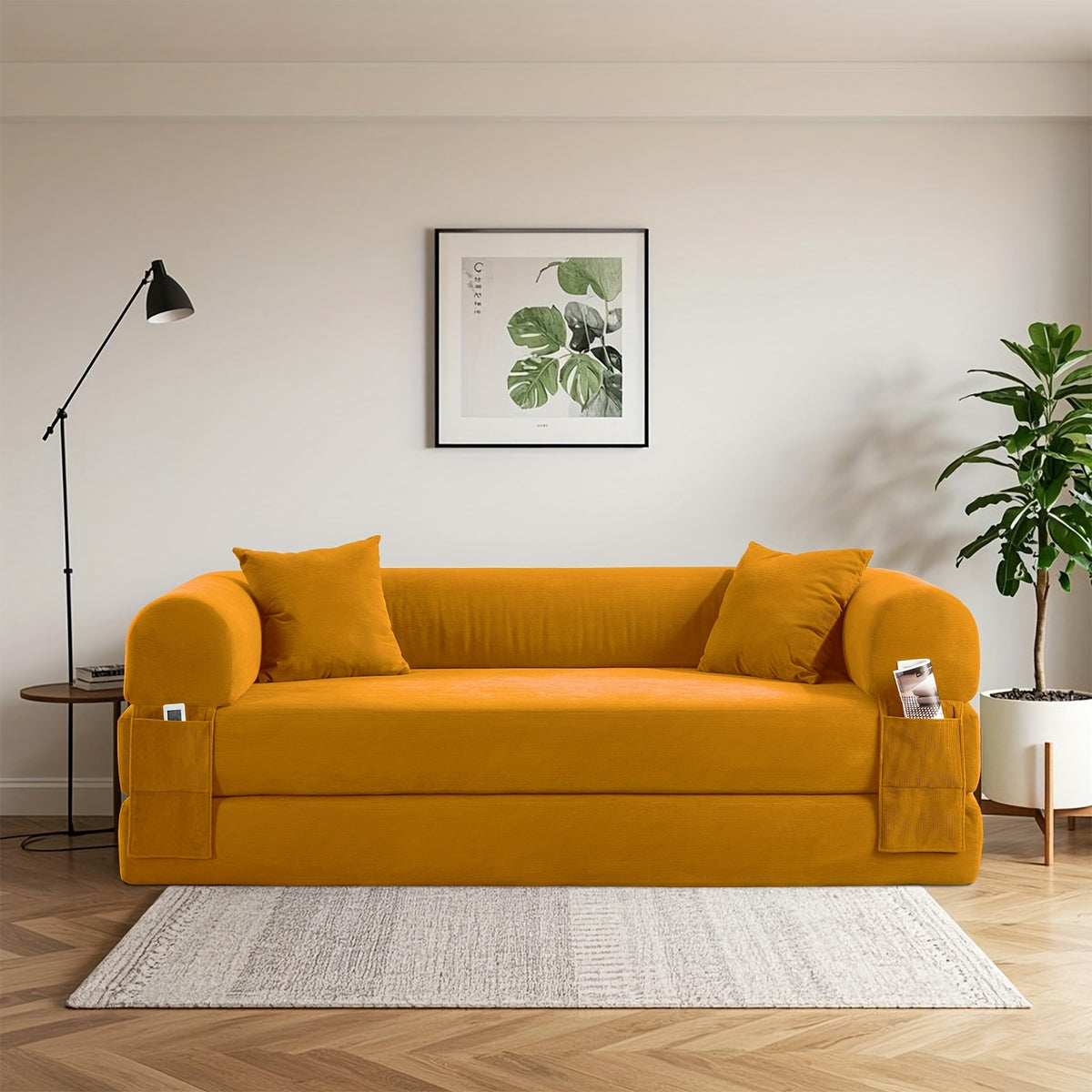 80" Convertible Sofa Bed, 3-in-1 Corduroy Folding Pull Out Couch with Pillows, No Assembly Modern Boneless Couch Compression Sofa In Box, Floor Sofa with Side Storage Pocket for Living Room