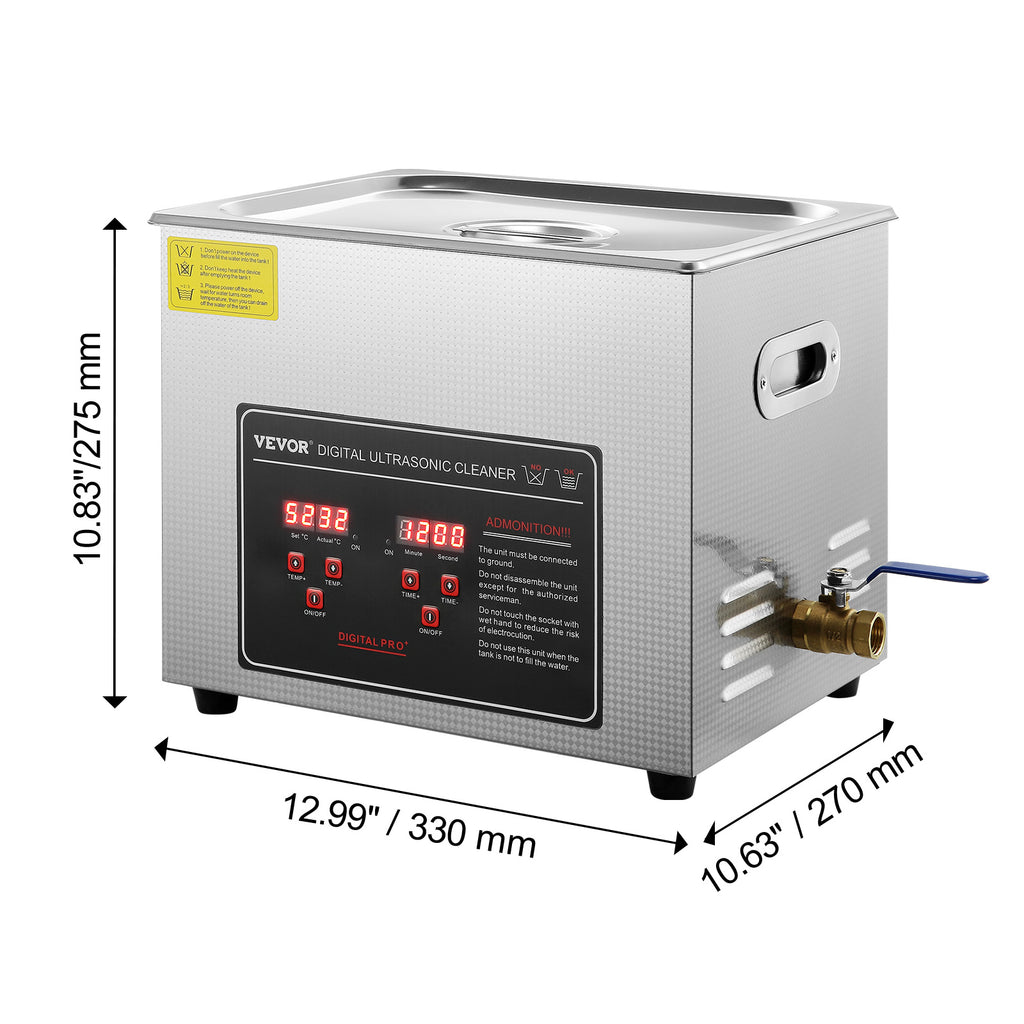 VEVOR Ultrasonic Cleaner with Digital Timer & Heater, Professional Ultra Sonic Jewelry Cleaner, Stainless Steel Heated Cleaning Machine for Glasses Watch Rings Small Parts Circuit Board (10L)