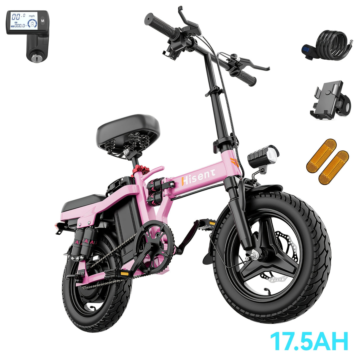 Hisent Foldable Electric Bicycle, Power: 500W Brushless Motor, 48V 10AH/17.5AH Lithium Battery (optional), 12 to 35 Miles Range; Speed: 19.9 MPH, Dual Brakes, LED Headlights, 14-inch Tires, Commuting And School Trips, Stylish Design, Sturdy Structure