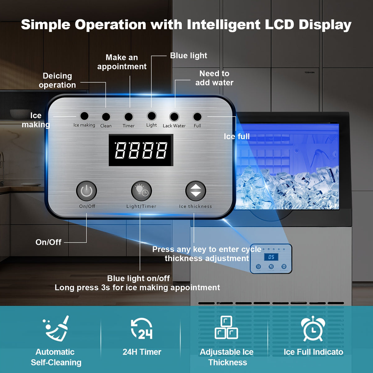 Commercial Ice Maker Machine 100LBS/24H with 13LBS Storage Bin, Freestanding/Under Counter Ice Machine for Home/Party/Bar/Restaurant, Include Water Filter, Scoop, Connection Hose