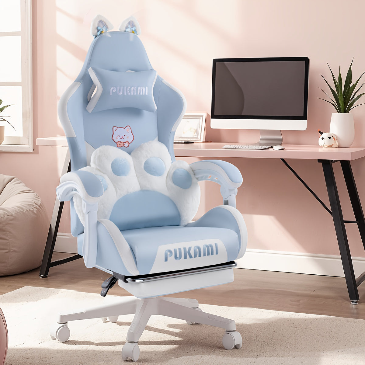 Adorable Pink Gaming Chair Featuring Cat Ears And a Paw-Shaped Lumbar Cushion, Designed Ergonomically For, Complete with a Footrest And Headrest, Providing a Cozy Reclining Experience for Both Adults And Teens