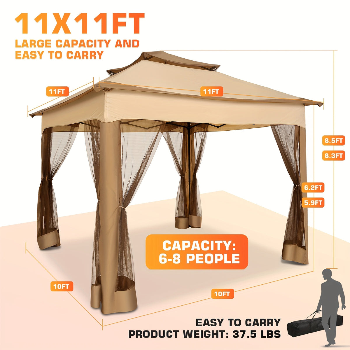 12ft×12ft/11x11ft Pop-up Patio Gazebo, Outdoor Gazebo with Mosquito Net, Double Roof Ventilation, 121 Square Feet Shade, Suitable for Lawns, Gardens, Backyards, and Decks