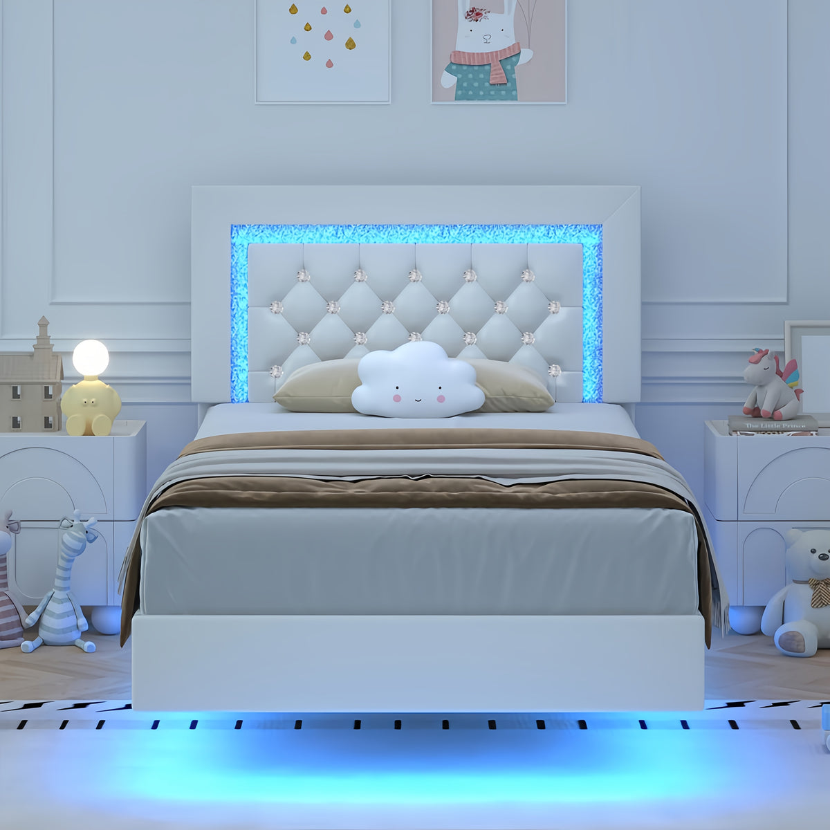 Twin Full Queen King Size Floating Bed Frame with LED Lights, Upholstered Platform Bed with Diamond Tufted Headboard, No Box Spring Needed, Noise Free, Easy Assembly, Black/Pink/White