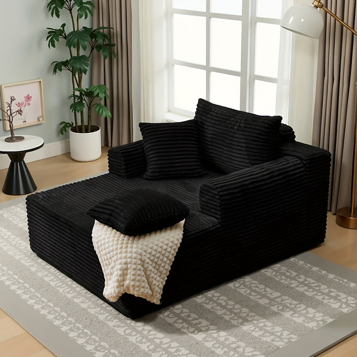 A Modern Fabric Corduroy Sofa Bed with a Deep Seat That Can Be Converted, Featuring Throw Pillows And Cloud-Shaped Armrests, Along with Storage Pockets, Ideal for Use As a Reclining Sofa in Living Rooms, Bedrooms, Apartments, And Offices