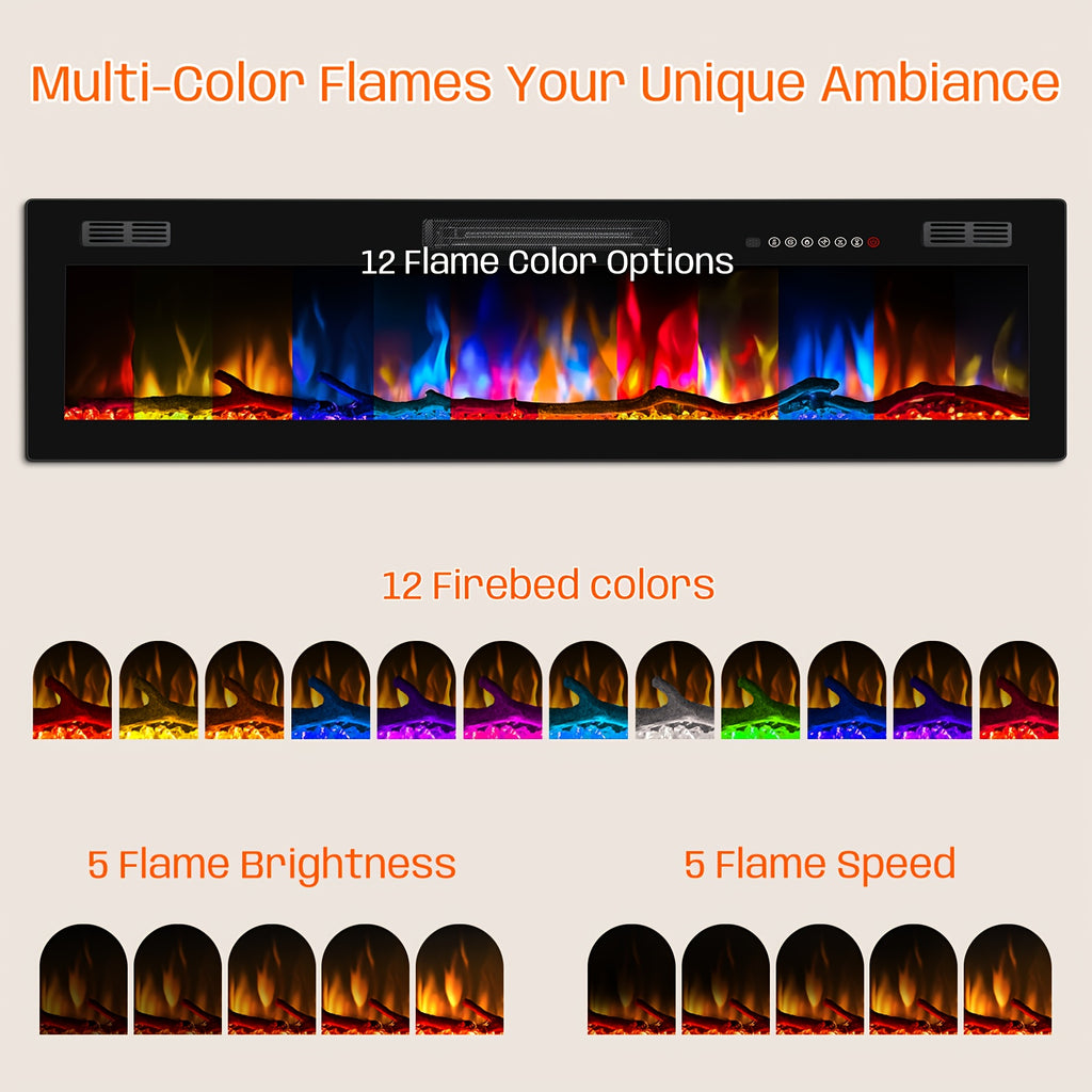 50/60/68/72 Inch Electric Fireplace, Recessed And Wall Mounted Fireplace, Fireplace Heater with Remote Control, Linear, Ultra-Thin Fireplace Heater with 12 Adjustable Flame Color, Log & Crystal Options, 750/1500W