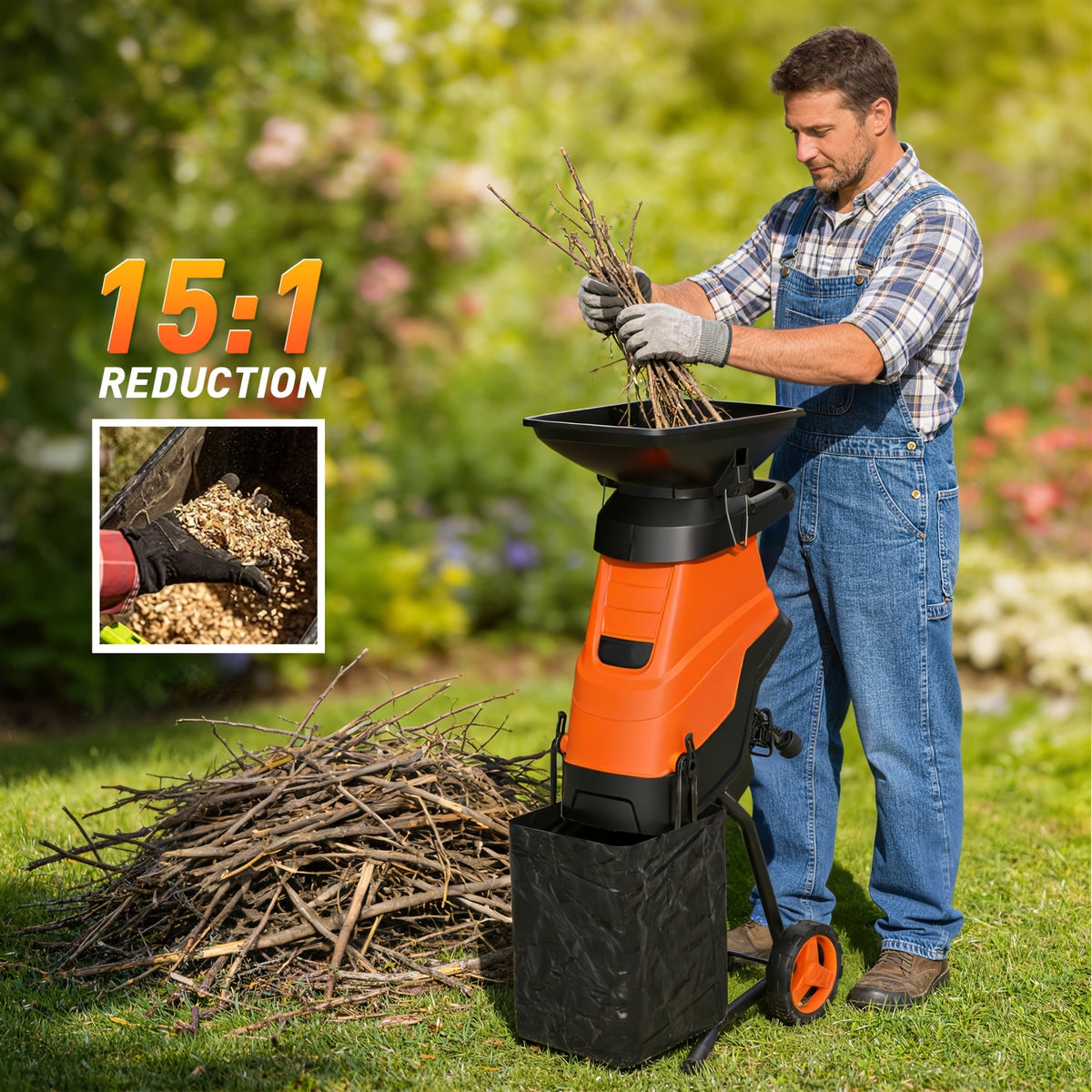 Maxlander 15-Amp Heavy-Duty Electric Wood Chipper, 11.89gal Corded Leaf Shredder, 1.75Inch Cutting Capacity, Corded Chipper With Collection Bag, Wood Chippers, Shredders, & Mulchers, Yard Waste Mulcher For Branches And Twigs