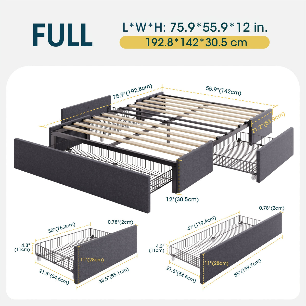 WEEWAY Storage Upholstered Platform Bed Frame, 3 Ample Storage Drawers, Large Under-Bed Space, Wooden Slats Support, No Box Spring Needed, Modern Mattress Foundation, Easy Assembly, Full/Queen Size, Black/Grey Color, for House to Live, Free Shipping
