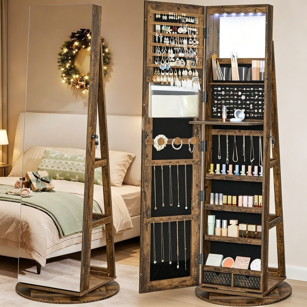 6 LED Jewelry Cabinet with Frameless Full-Length Mirror, 360° Swivel Lockable Organizer Standing Armoire, 3 Storage Shelves, Jewelry Armoires