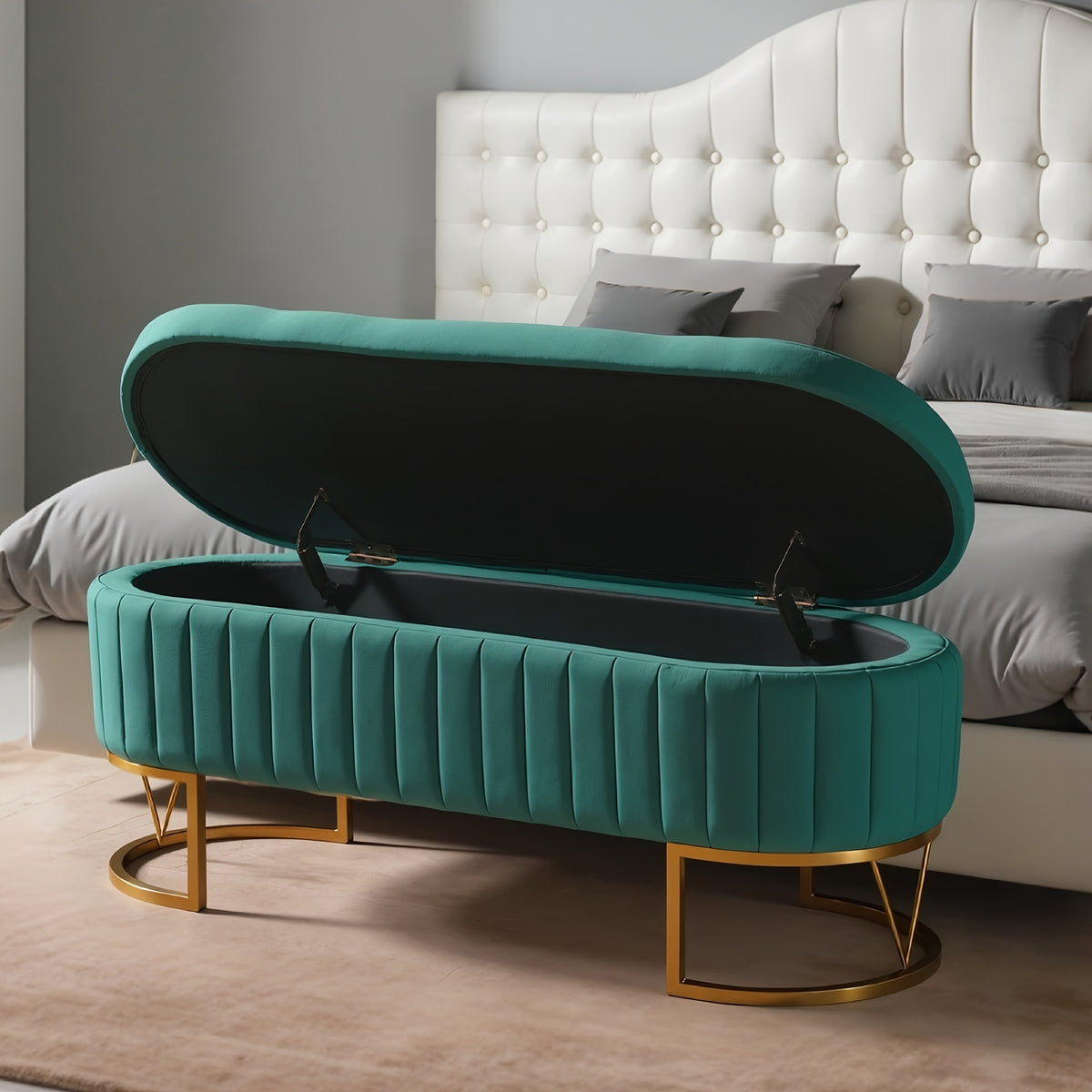 Modern 46”/46.5” (depending on orientation) Oval Velvet Storage Bench with Hinged-Lid Mechanism & Flip-Top Lid - Plush Upholstered Ottoman for End of Bed, Entryway, Living Room - Wood Frame & Luxury Design, Space-Saving Furniture (Standalone)