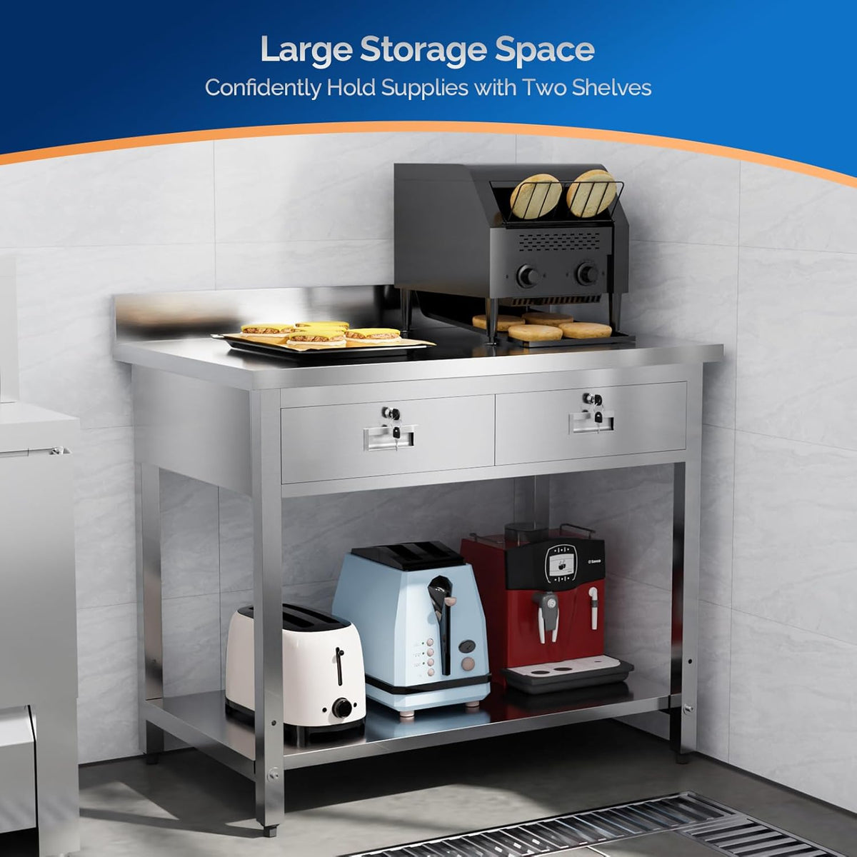 MEFEIR 42"x26" Heavy Duty Stainless Steel Commercial Prep Table with 2 Drawers & Undershelf - for Kitchen, Restaurant, Home, Garage