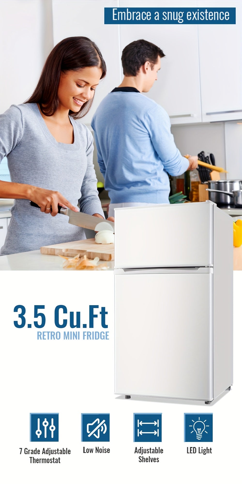 3.5/2.5 Cu.ft Small Fridge With Freezer 2-Door Compact Refrigerator 7-Level Adjustable Thermostat, Removable Shelves And Bakset, Perfect For Dorm, Office, RV, Bedroom, White