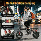 500W Adult Folding Electric Bicycle - 20 MPH, 25-Mile Range, 48V 15Ah High-Capacity Removable Battery, 14-Inch All-Terrain Tires, Dual-Seat Design, Three Riding Modes (Electric, Pedal-Assist, And Pedal), Multi-Functional LCD Display.