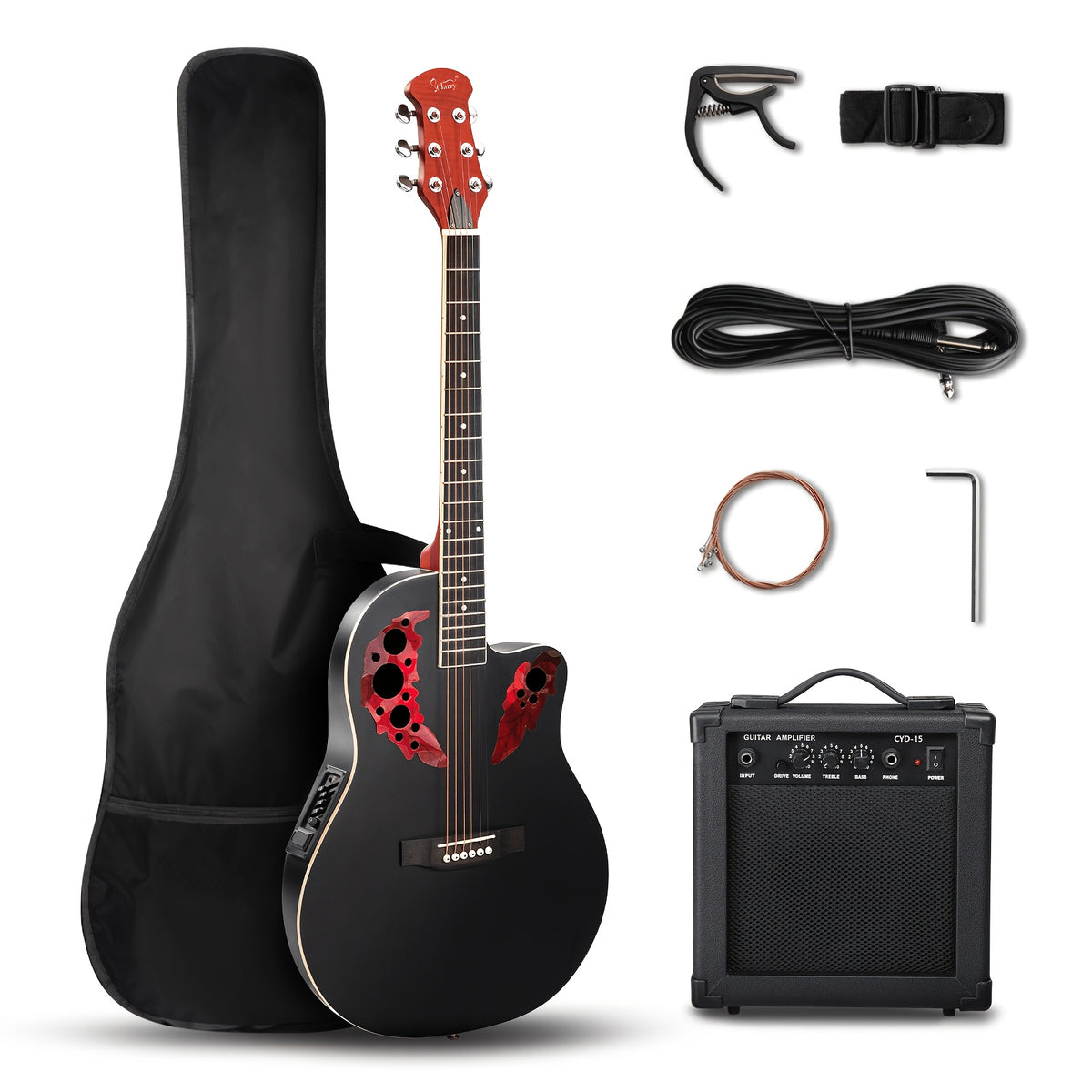 Glarry Acoustic-Electric Guitar, 41-Inch Cutaway Starter Kit in Blue with Tiger Stripe or Matte Black