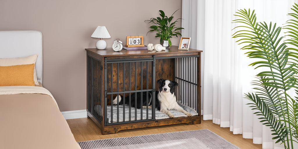XL Large Dog Crate Furniture, 44.1" Indoor Dog Kennel Furniture with Barn Door, Wooden Tall Dog Crate, Heavy Duty Dog Cage for Large Dogs, Side End Table, Anti-Chew, Rustic Brown, Black, Greige Black, White Brown