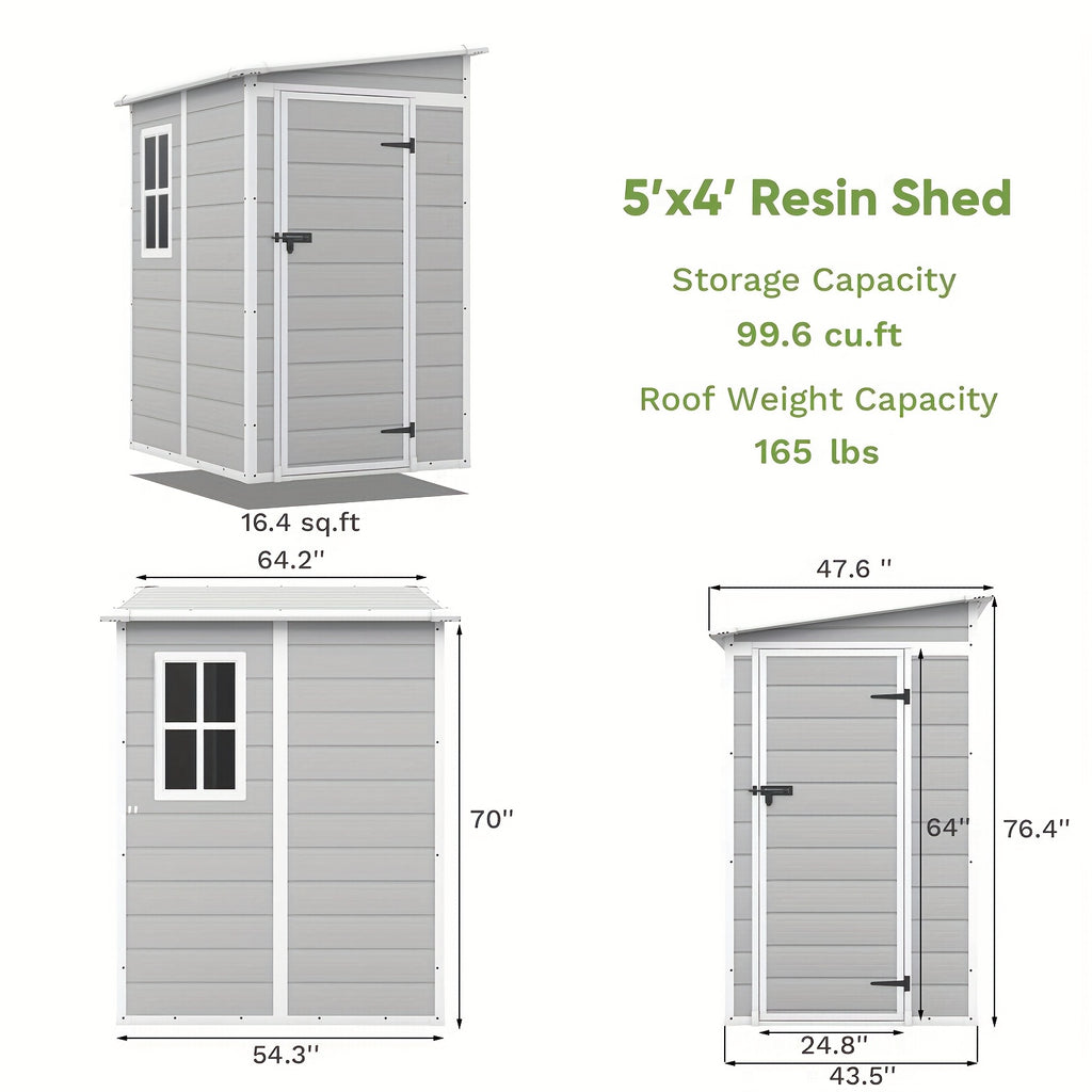 GUNJI 6X4 FT And 5X4 FT Plastic Outdoor Storage Shed with Floor, Resin Outside Tool Shed with a Window And Lockable Door for Garden, Backyard, Tool Storage Use, Easy to Install, Light Gray (Fit-It Shed)