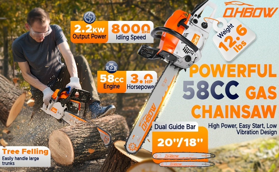 58Cc 2-Stroke Gasoline Chainsaw, Featuring Dual Quick-Switch Bars of 20 Inches And 18 Inches, a Portable Cordless Gasoline Chain Saw Ideal for Felling Trees, Cutting Firewood, Processing Wood, And Trimming Trees