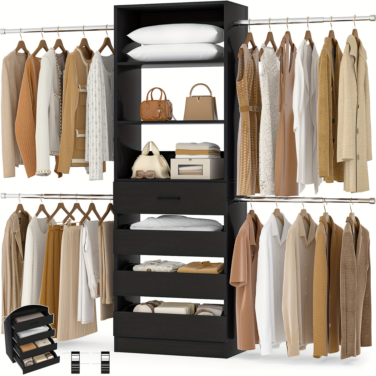 Closet System, Closet Organizer System with 4 Wooden Drawers, Walk-in Closet Wardrobe Clothes Rack with 4 Hanging Rods, Fit for 4-9ft Space, Garment Rack, White, Mounted Closet Systems