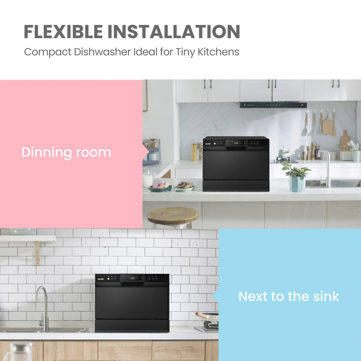 Comfee Compact Countertop Dishwasher 6 Place Settings 8 Wash Cycles with Baby Care Eco Mode 24 Hour Delay Start Water Saving Portable Dishwasher Ideal for Small Kitchens Apartments Dorms