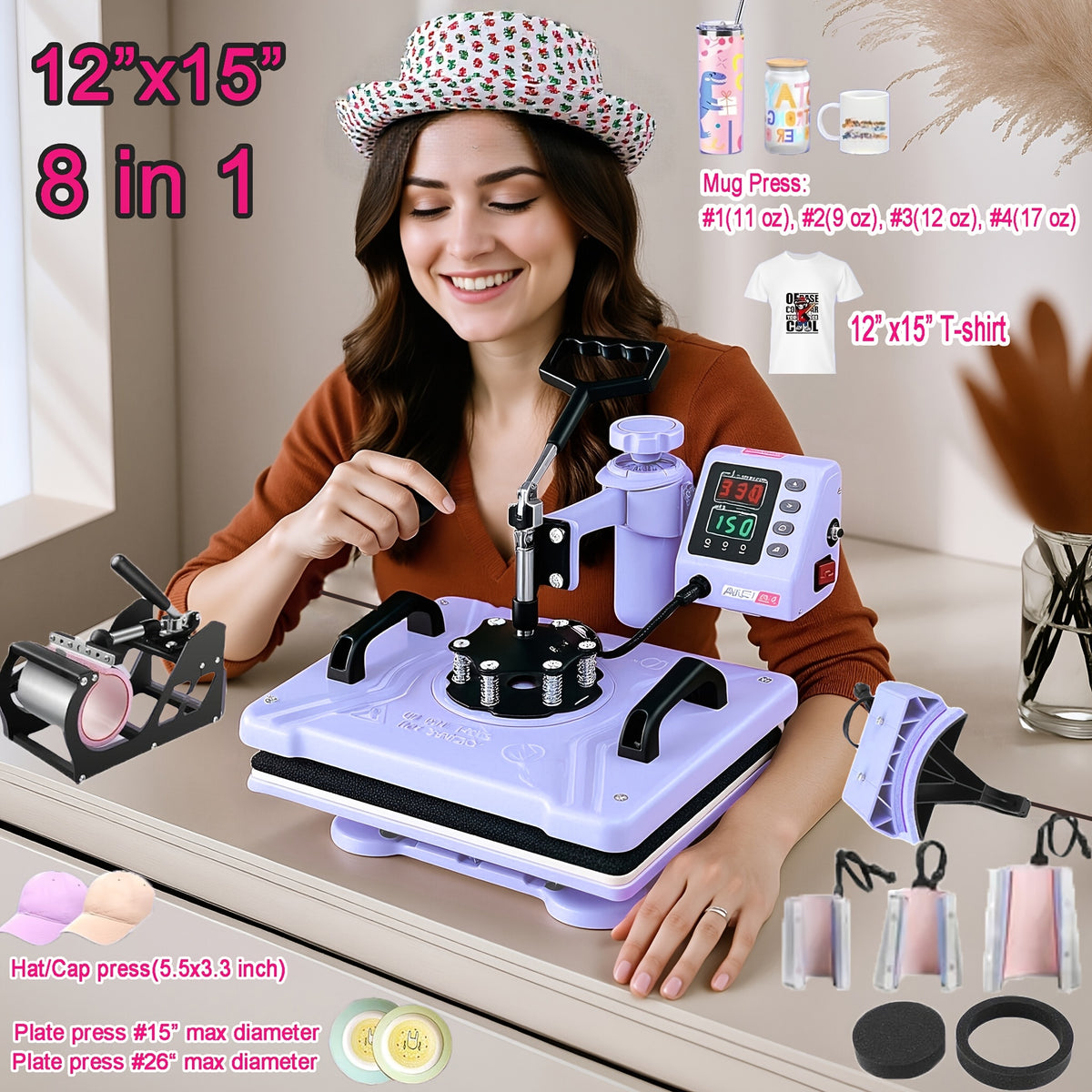 15"x15"/12"x15" - 8-in-1/5-in-1 Heat Press Machine Combo, Rotatable Design, Multi-Size Transfer Sublimation Combo, Suitable for T-shirts, Bags, Pillows, Hats, Beanies, Rollers - The 3-in-1 Automatic Hat Heat Press Can Only Press Hats