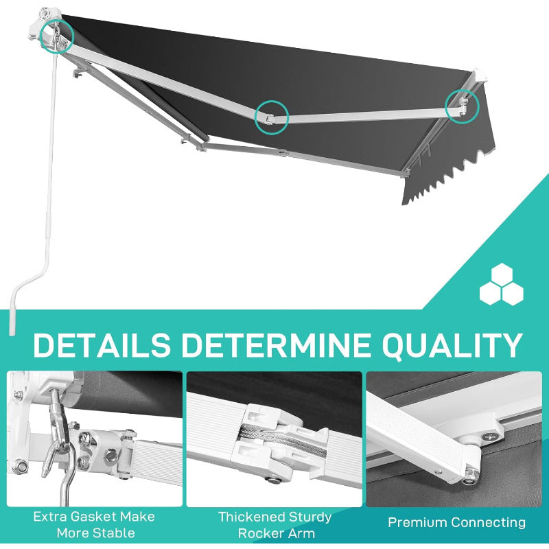 Bonnlo 12x10 FT Grey Polyester Patio Awning Canopy UV Water Resistant Outdoor Retractable Sunshade Shelter with Manual Crank Handle