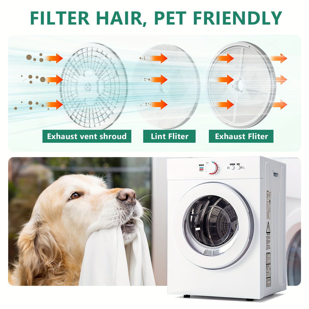 850W Compact Portable Clothes Dryer, 110V, 1.5/1.6/1.85/2.65Cu.ft Front Load with Stainless Steel Tub, Electric Laundry Drying Machine, Easy to Control, Perfect for Apartments, RVs, Dorms, In White.