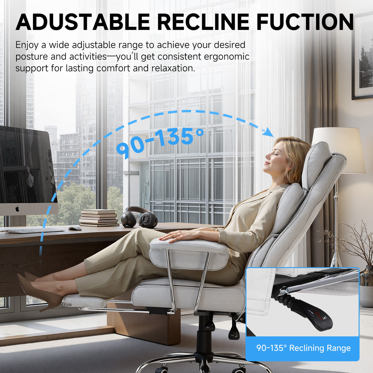 Executive Office Chair for Heavy People, Gaming Chair, Ergonomic Wide Desk Computer Chair with Pocket Spring Lumbar Support, Footrest, Outward Fixed Soft Armrests, High Back PU Leather, Height Adjustable, Big and Tall