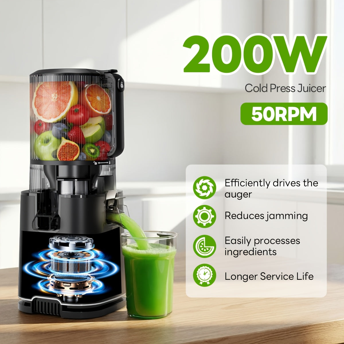 6" Wide Mouth Slow Juicer, 3-in-1 with 3 Interchangeable Filters, for Juice/Sorbet/Nut Milk, Hands-Free & Easy Clean, 3-in-1 with 3 Interchangeable Filters