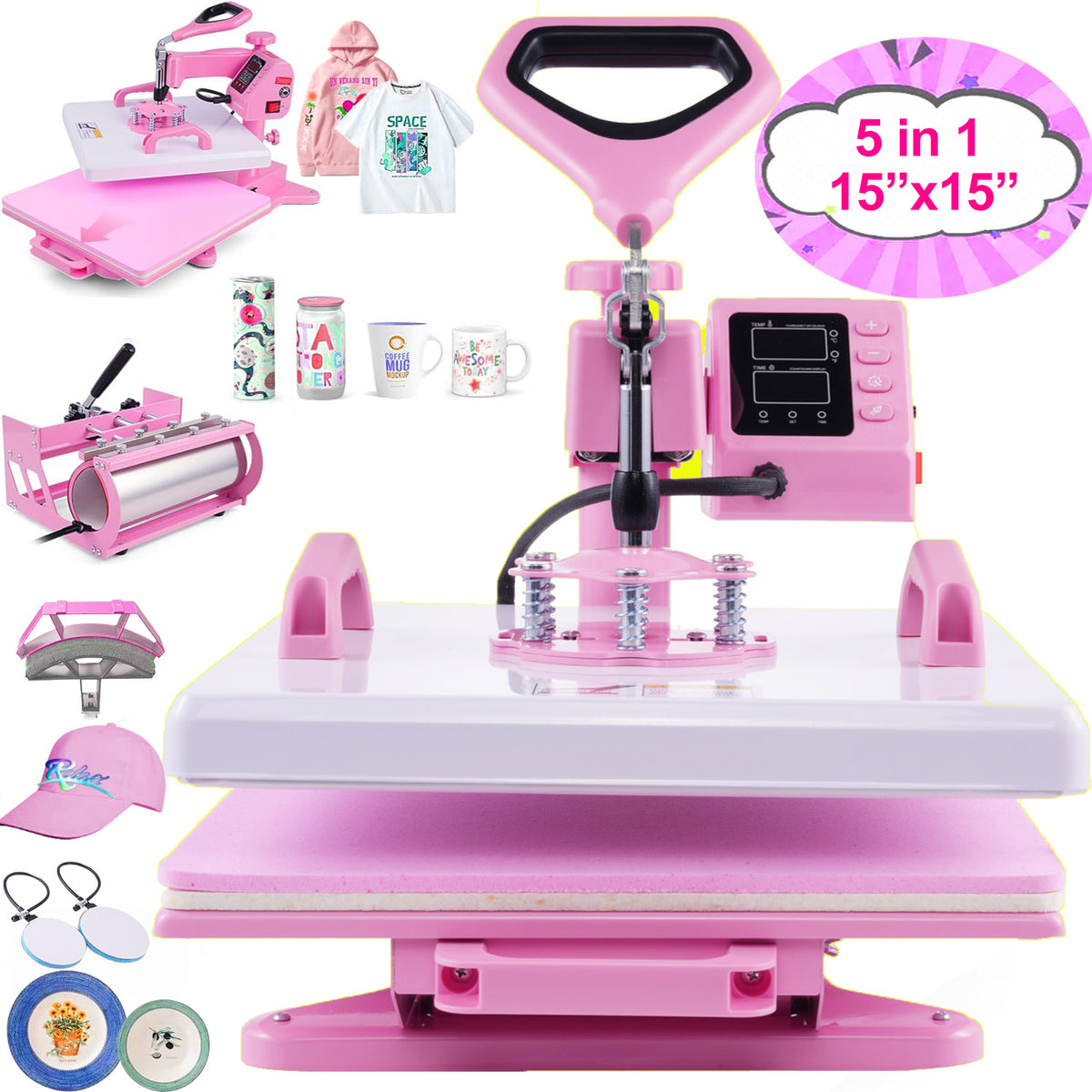 Heat Press Machine 15 x 15 Inch by HOMDOX — 5-in-1 or 8-in-1 Swing-Away Combo for Shirts and Tumblers