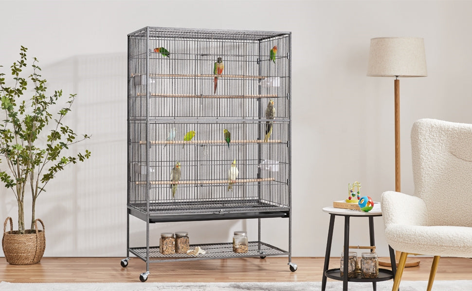 Costoffs Bird Cage 60.5-inch Extra-Large Parrot Cage Wrought Iron Bird Cage with Stand, Large Flight Cage for Conures, Parakeets, Cockatiels, African Greys and Small Pets, Multi-Bird Cage