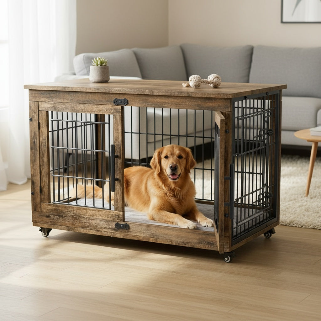 43/36/29/27in Furniture-style Wooden Dog Crate with Anti-Slip Mat, Adjustable Door, Secure Lock, Available In Gray/Brown, Easy to Move with Wheels Or Stable with Anti-Slip Foot Pads, Easy to Clean Pet Cage, Ideal for Home, Living Room Or Bedroom