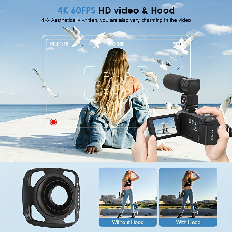 NEW 4K 60FPS HD Camcorder, Support External Microphone, WIFI Transmission And HD Output, Six-axis Anti-shake, Remote Control Operation, Accurate Autofocus, 3.0-inch Capacitive Touch Screen That Can Be Rotated By 270 Degrees, 80-degree Angle