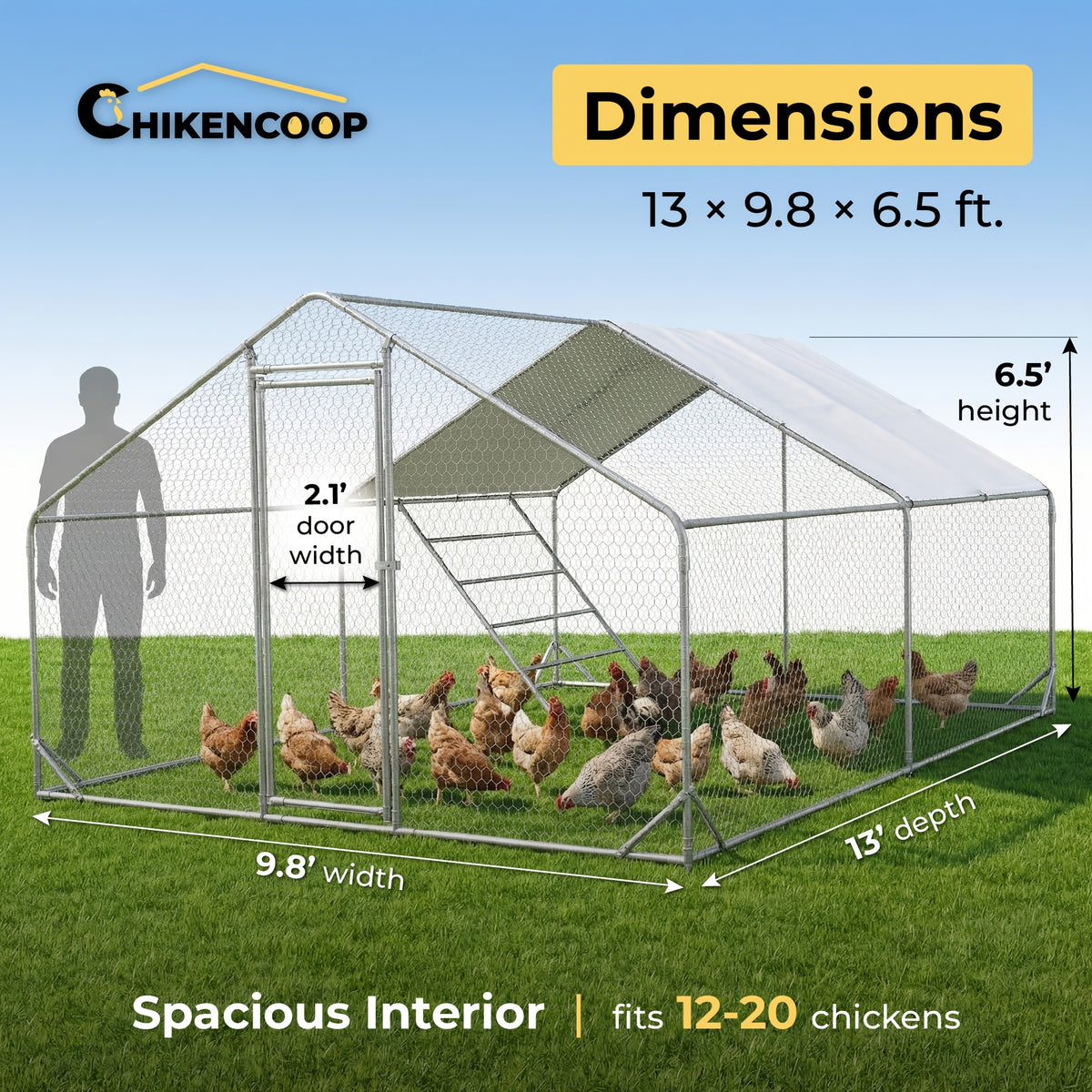 Heavy Duty Reinforced Chicken Coop Walk In Chicken Run with Waterproof Cover Large Metal Poultry Cage Outdoor Chicken Pen with Free Chicken Roosting Ladder
