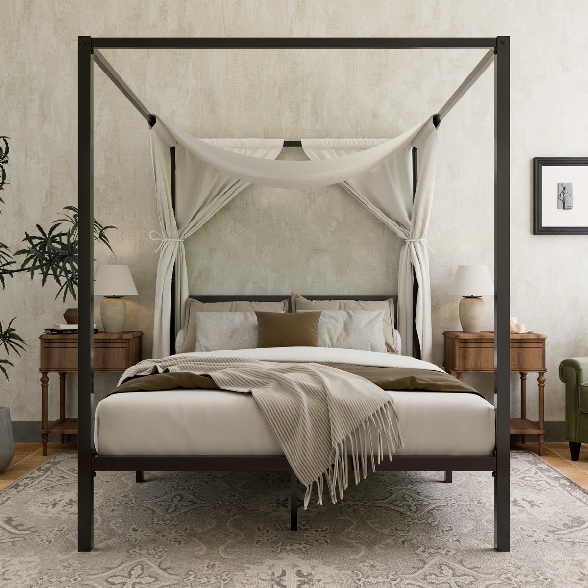 WEEWAY Heavy-Duty Metal Canopy Bed Frame with 4 Sturdy Posts & 3 Reinforced Crossbars - Easy Assembly, No Box Spring Needed, Modern Design for Full/Queen Size Beds (Black/White), Bedroom Furniture, Elegant Bedroom Style, Smooth Finish, Contemporary Furnit