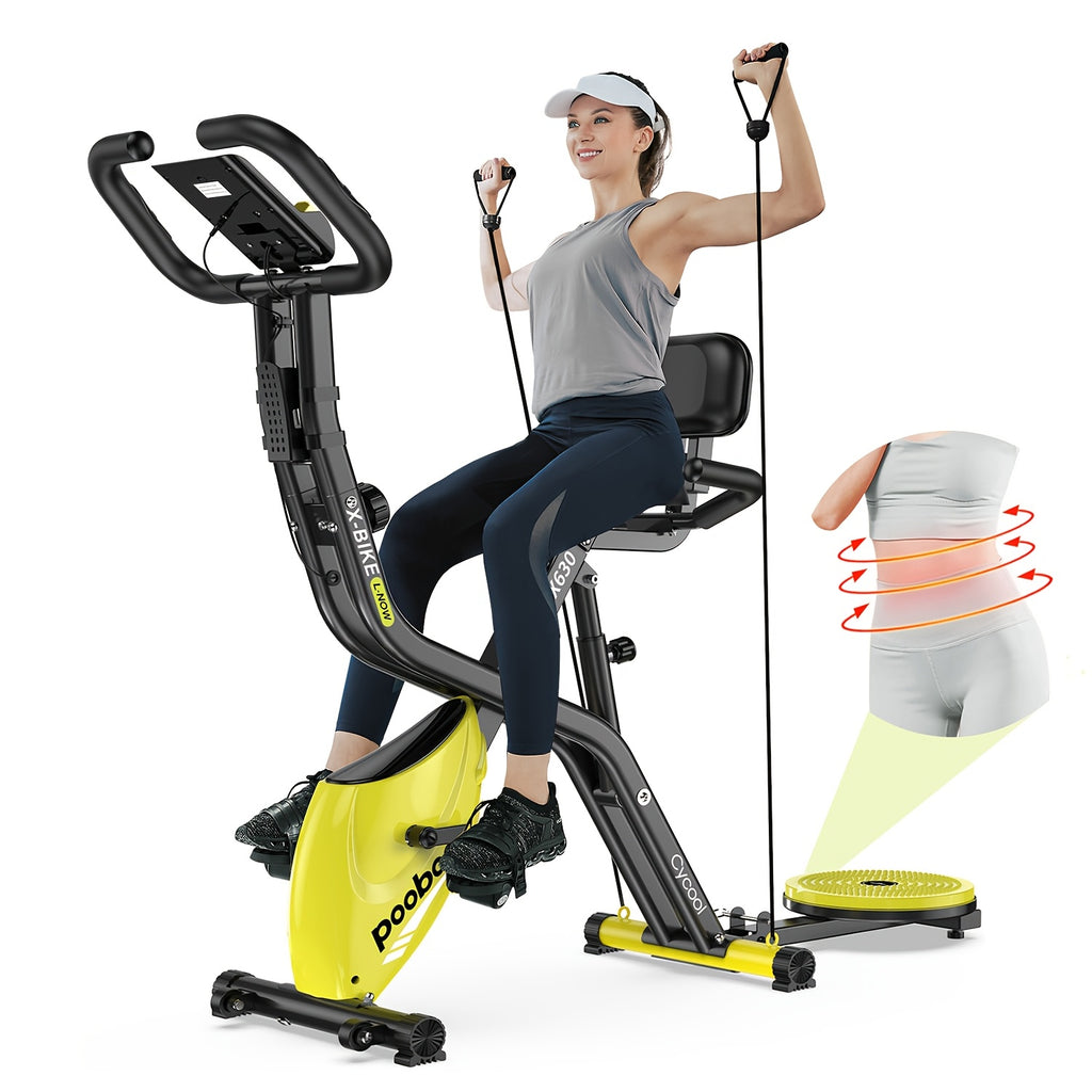 HASIMAN Foldable Indoor Exercise Bike for Home Gym Workout with Twister Disk And Arm Resistance Bands, Adjustable Resistance Fullybody Fitness Exercise Cycling