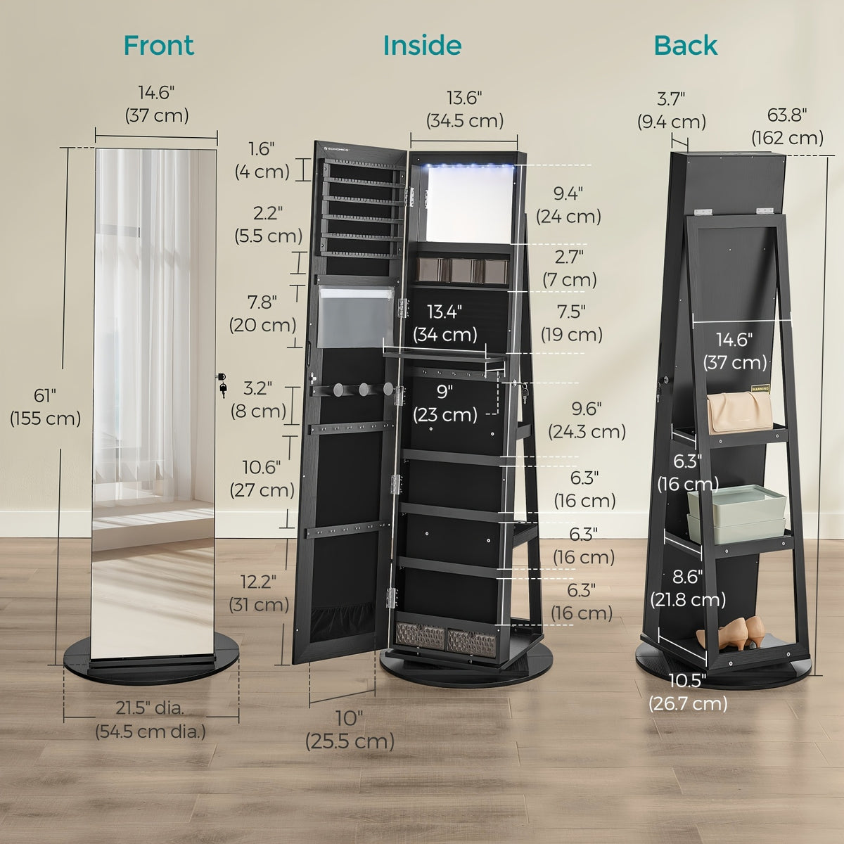 6 LEDs Lockable Mirror Jewelry Cabinet, 360° Swivel Jewelry Organizer Armoire Standing, Frameless Full-Length Mirror, 3 Storage Shelves, Christmas Gifts, Jewelry Armoires