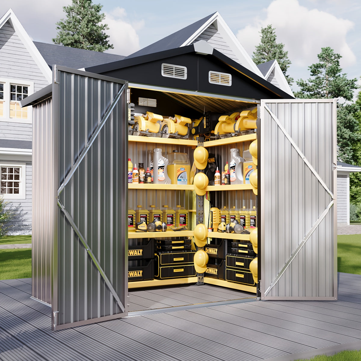 ULSMVOC 12X20X9.3/10X12/6X4 FT Metal Storage Shed - Outdoor Garden Shed Kit, Lockable Tool Shed, Backyard Shed with Double Hinged Doors, 4 Windows, Carport for Car, Truck, Bike And Lawn Mower & Equipment, Brown