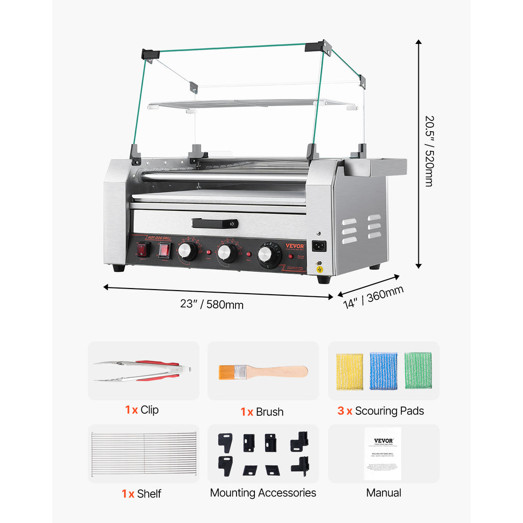 VEVOR Hot Dog Roller 5 Rollers 12 Hot Dogs /7 Rollers 18 Hot Dogs Capacity, Stainless Sausage Grill Cooker Machine with Dual Temp Control Glass Hood Acrylic Cover Bun Warmer Shelf Removable Oil Drip Tray