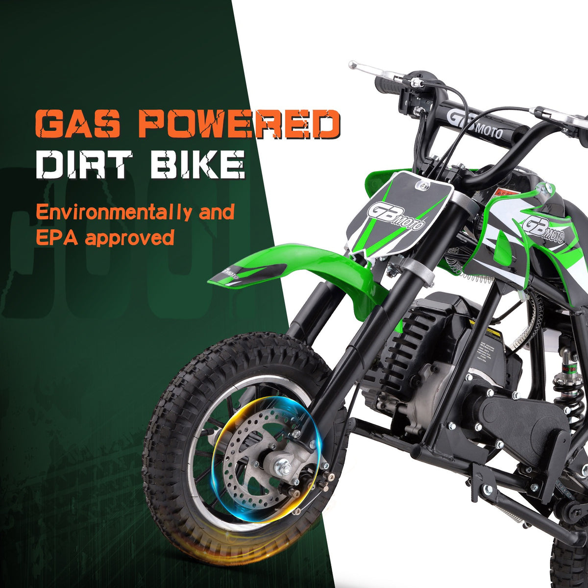 39cc gas powered mini bike, 4-stroke engine motorcycle with a maximum speed of 20 miles per hour, compact off-road bike, durable metal frame, easy to start drawstring system, small energy-saving motorcycle suitable for outdoor exploration, front and rear