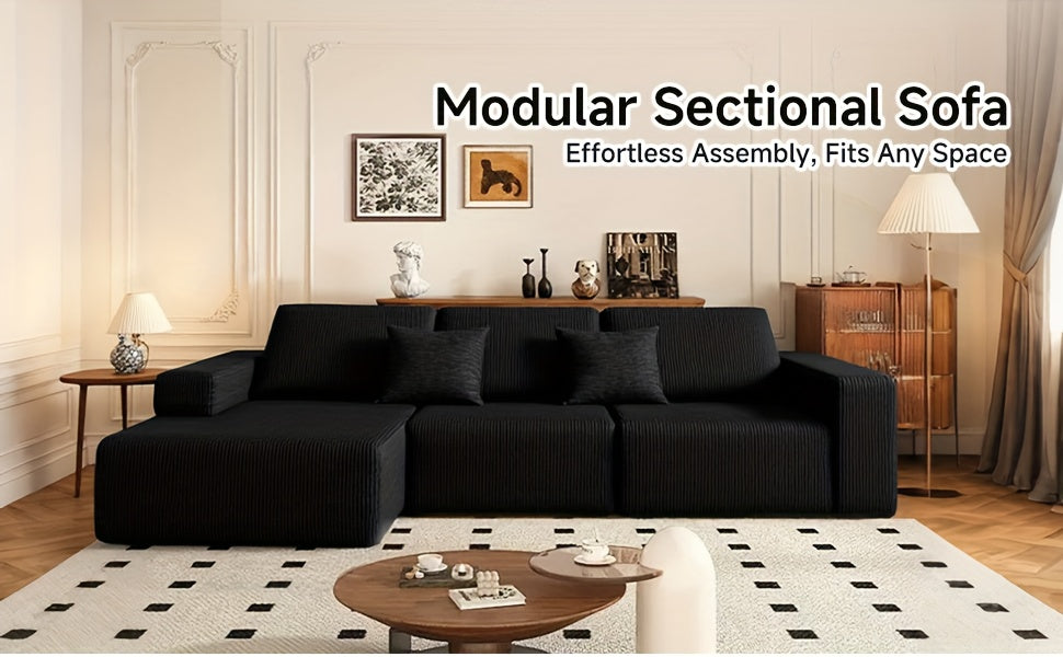 108-inch Modular Sectional Sofa, L-Shaped Cloud Couch with Chaise, Black Plush Fabric, Deep Seat Upholstered Couches for Living Room, Boneless Sofa