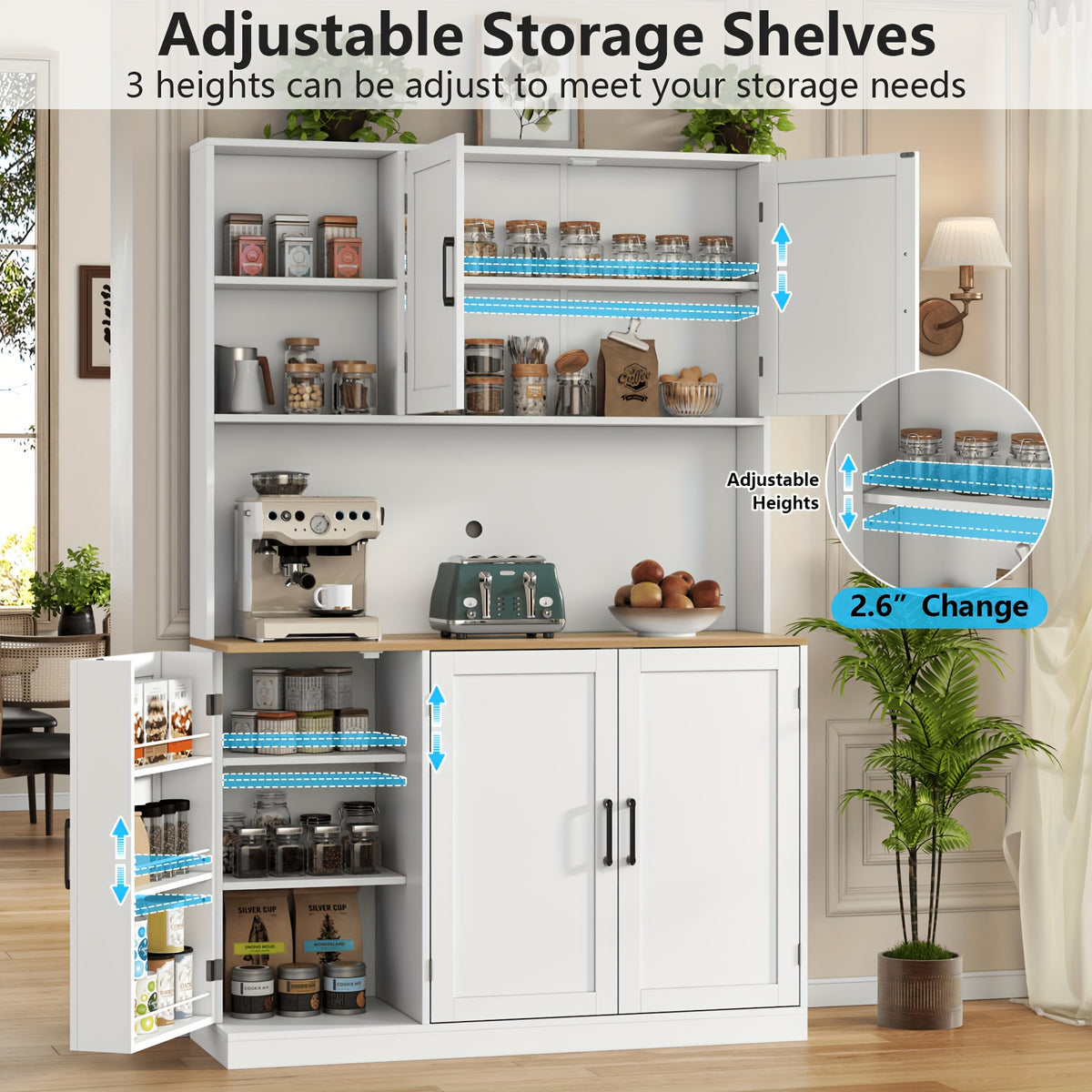71-Inch Tall Kitchen Pantry Cabinet Featuring Three Pull-Out Drawers, Spacious Storage with Hutch And Door Shelves, And a Pantry Organizer That Includes a Microwave And Coffee Stand for The Dining Area, in White
