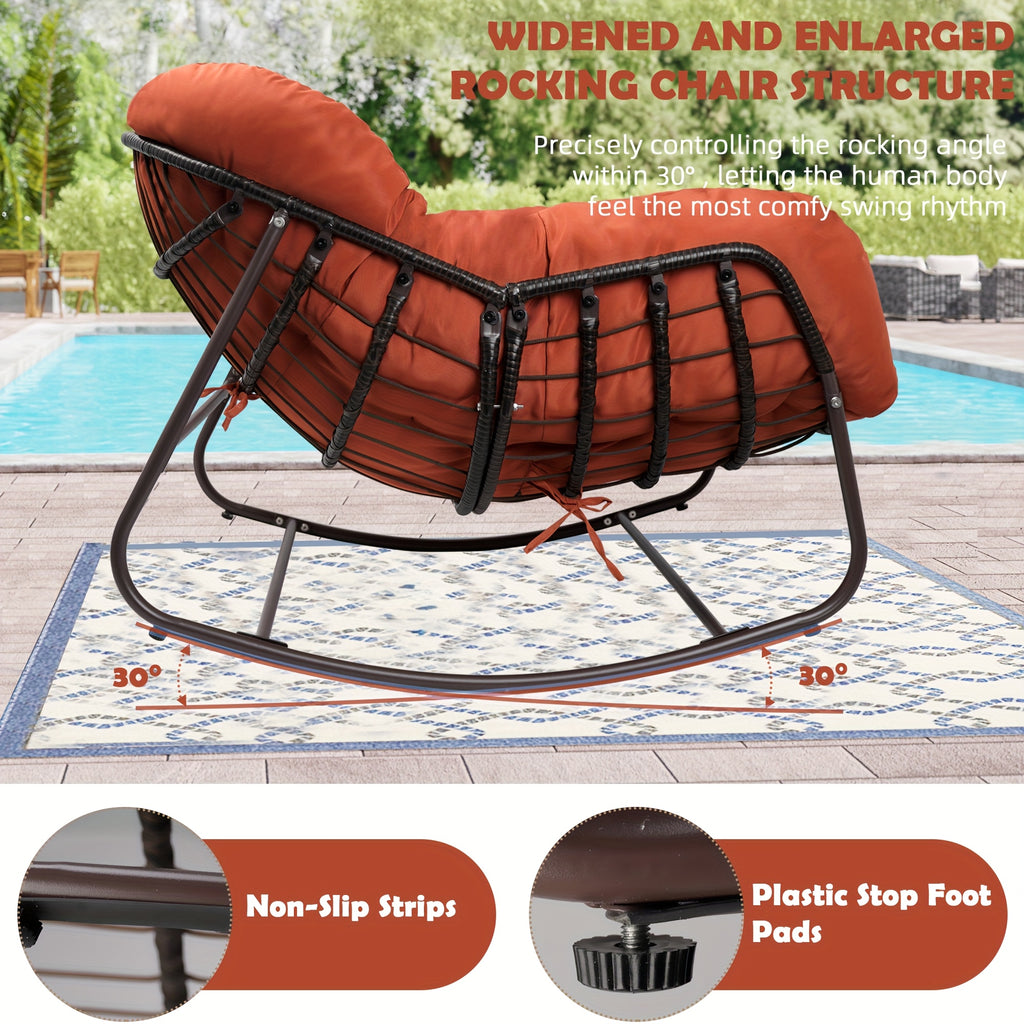 Papasan Rocking Chair Outdoor, All Weather Wicker Papasan Patio Chair with Cushion And Pillow, Heavy Duty Metal Oversized Papasan Rocker Egg Chair for Garden, Patio