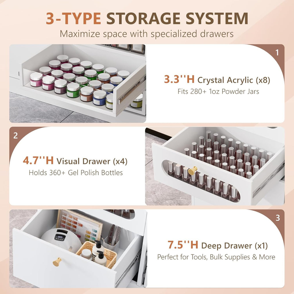 [Salon Organizer Cabinet] Nail Salon Organizer Cabinet, 32" L Floor Storage with 8 Clear & 4 Visual Drawers, Wooden Display for Polish & Powder, Beauty Salon Furniture