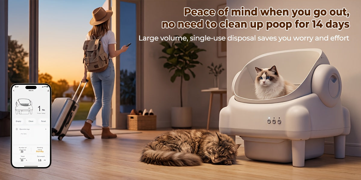 ECORUI Self Cleaning Litter Box, Automatic with App Control for Multiple Cats, Safety Sensors, Odor Control, Large Waste Bin, Includes 2 Liners, Cream White, Certified Refurbished